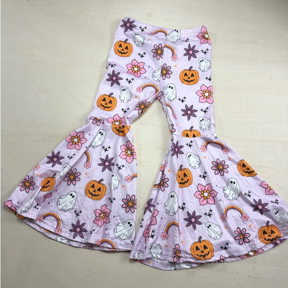 Ruffle Girl Halloween Bell Bottom Flared Pants Purple Ghost Pumpkin Floral Kids